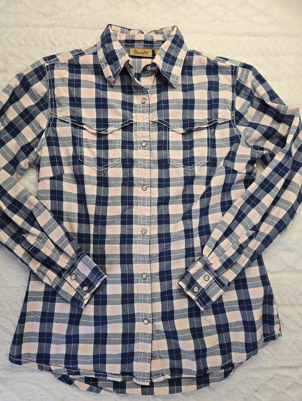 Wrangler Pearl Snap Shirt Blue Pink Plaid Cotton Long Sleeve Western Rodeo S